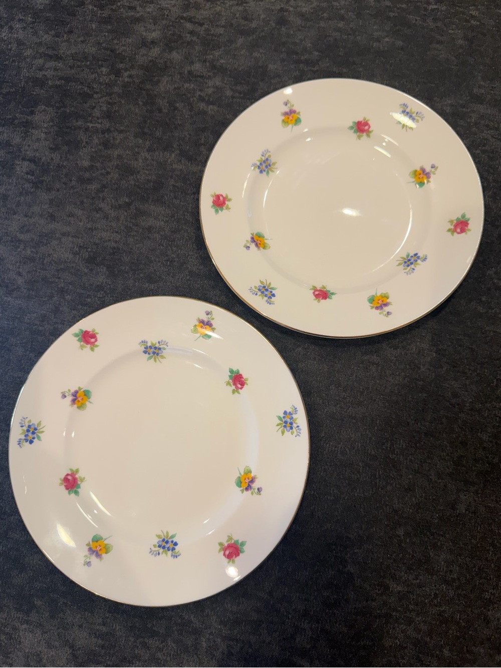 Set of 2 English Crown Staffordshire China Luncheon Plates in “Rose Pansy” Print